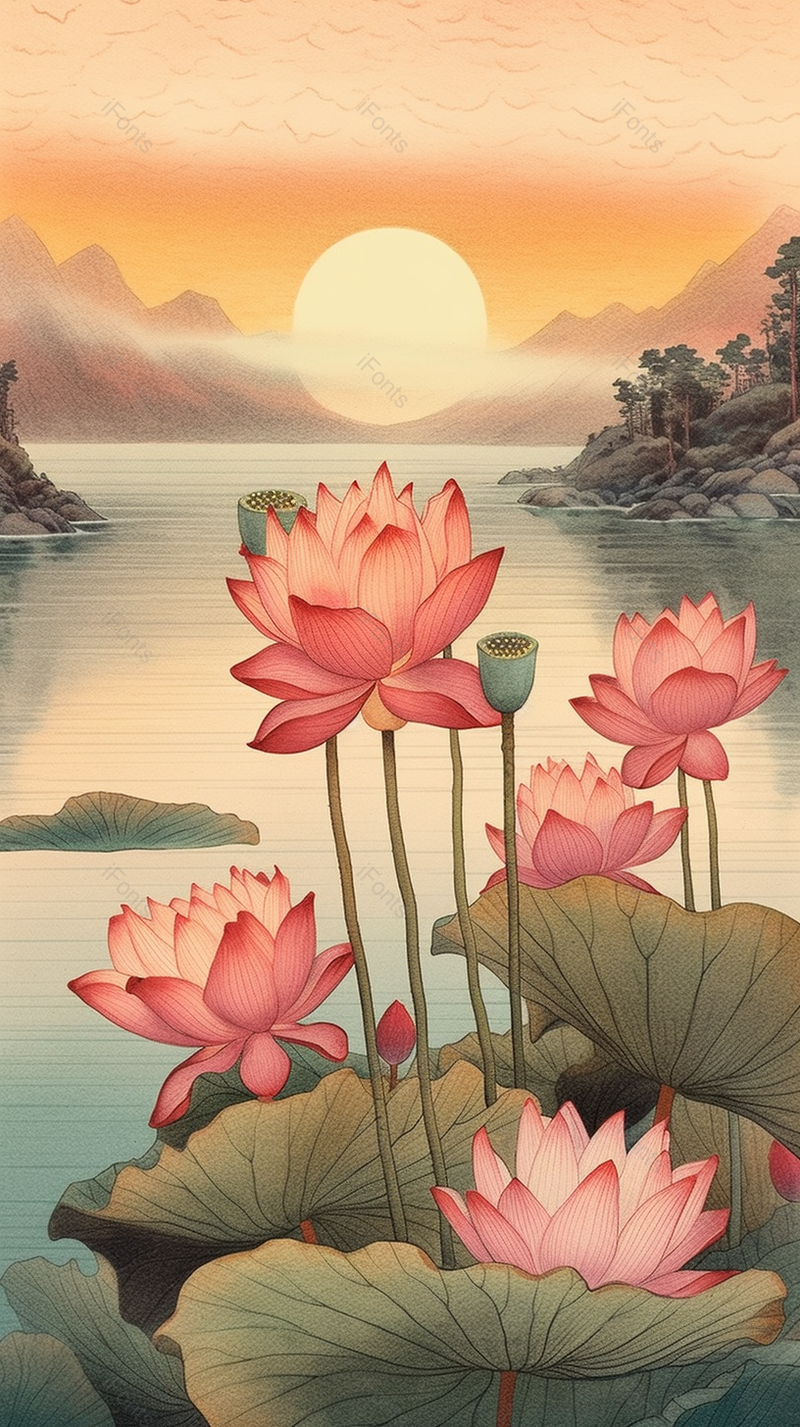 黄昏夏天夏至荷花盛开开花荷叶植物水面户外景色自然插画,插画/手绘图,插画/手绘图库,插画/手绘图下载,插画/手绘